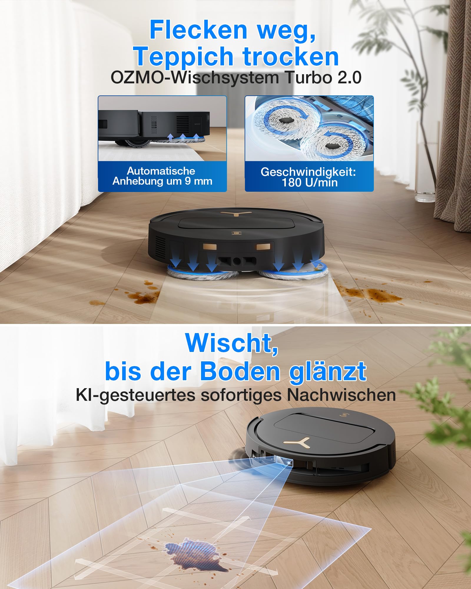ECOVACS DEEBOT T50 PRO Omni Gen3 Saugroboter mit Wischfunktion, 25.000 Pa, AIVI 3D 3.0, autom. Zugabe v. Reinigungslösung, Reinigung des Mopps bei 75°C, Heißlufttrocknung, 81 mm, Glanzschwarz 6
