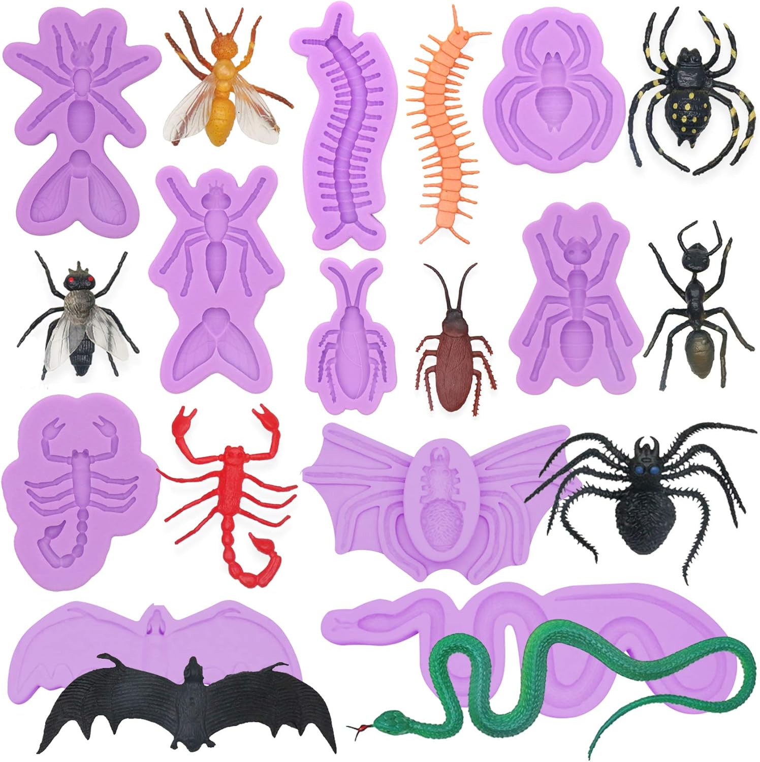 Resine Epoxy Chauve Souris Serpent Fourmis Termite Argile Polymere Moules En Silicone Effrayants Pour Fondant Cafard Cupcake Centipede Scorpion 10 Pieces Pour Decoration De Gateau Mouche Moules A Bonbons Et Chocolat Patisserie Napravi Rs