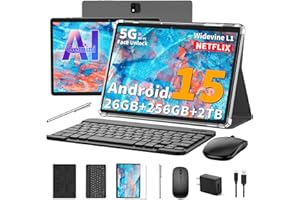RELNDOO 2025 Android 15 tablet with keyboard, 26GB+256GB+2TB Expand, 10 inch 2-in-1 Tablets with 8-Core, 5G WiFi, 8000mAh, BT5.0, 5MP+13MP, GMS, GPS, Widevine L1, Tablet PC with Mouse, Case, Stylus (Black)