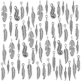 Exircy 120 Pcs Feather Charms 8 Styles Alloy Feathers Pendants Leaf Shape Antique Silver Charms for Jewelry Making Necklace Bracelets