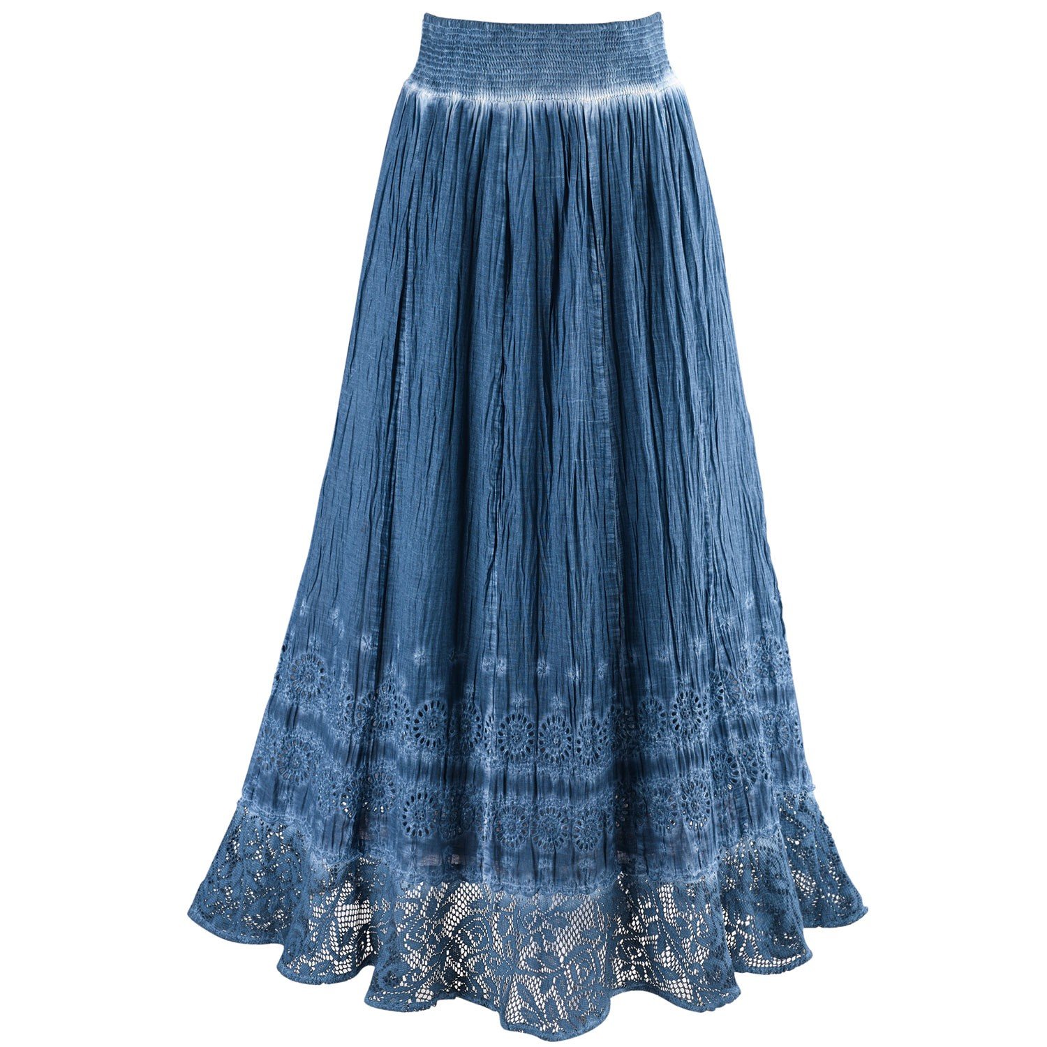 BUY CATALOG CLASSICS Women's Peasant Skirt Indigo Blue Pigment Washed Crochet Hem Elastic Waist