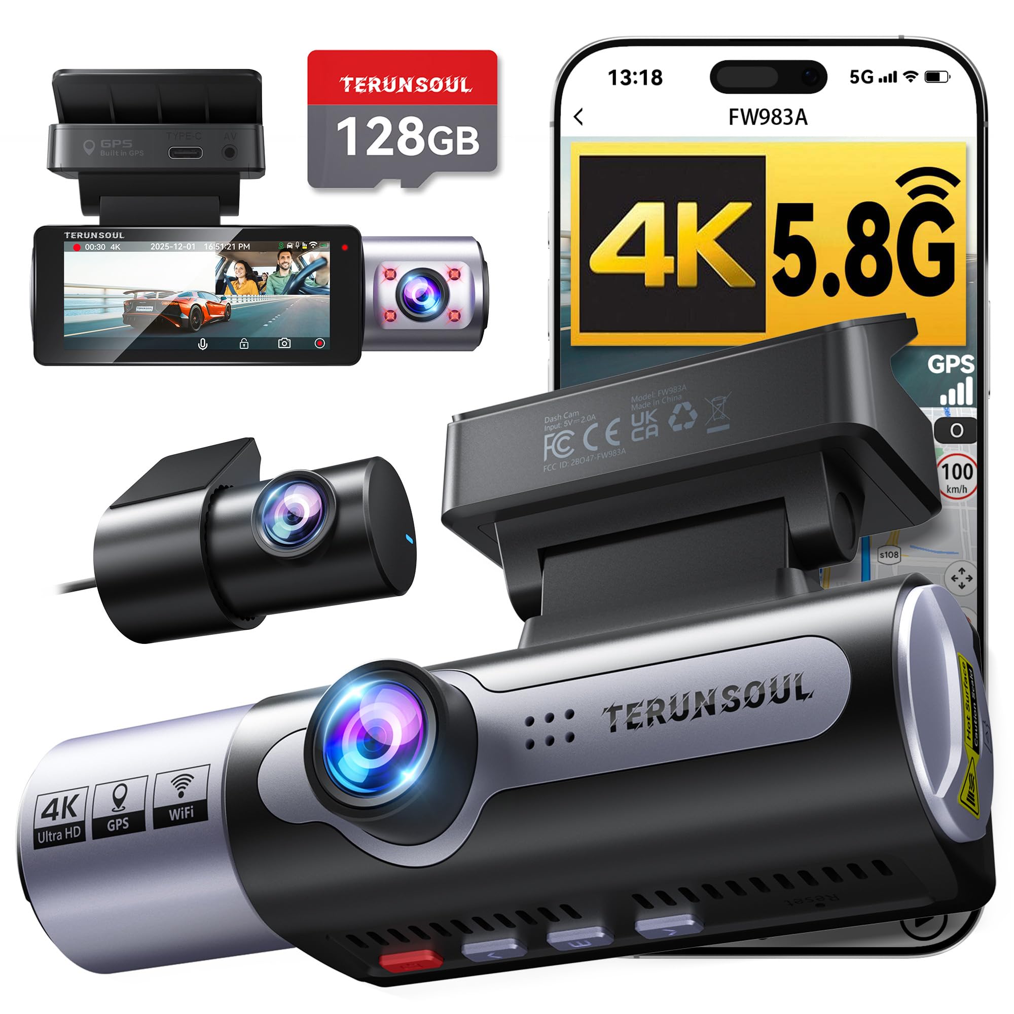 TERUNSOUl 4K Dash Cam Front and Rear, Full HD 3 Channel Dashcam, Free 128GB Memory Card, Built-in 5.8GHz WiFi Built-in GPS, Collision Sensor, Night Vision, HDR, 3.16" IPS, 24H Parking Mode（Black） Image