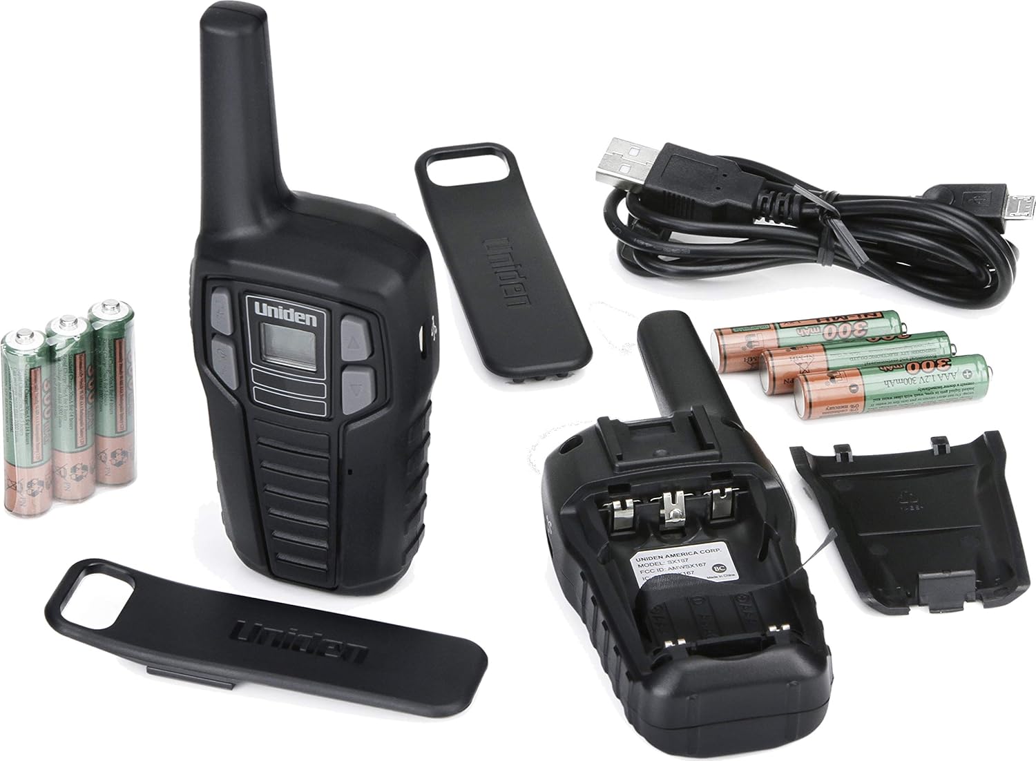 Uniden SX167-2C Up to 16 Mile Range, FRS Two-Way Radio Walkie Talkies, Rechargeable Batteries with Convenient Charging Cable, NOAA Weather Channels, Roger Beep, 2-Pack Black Color