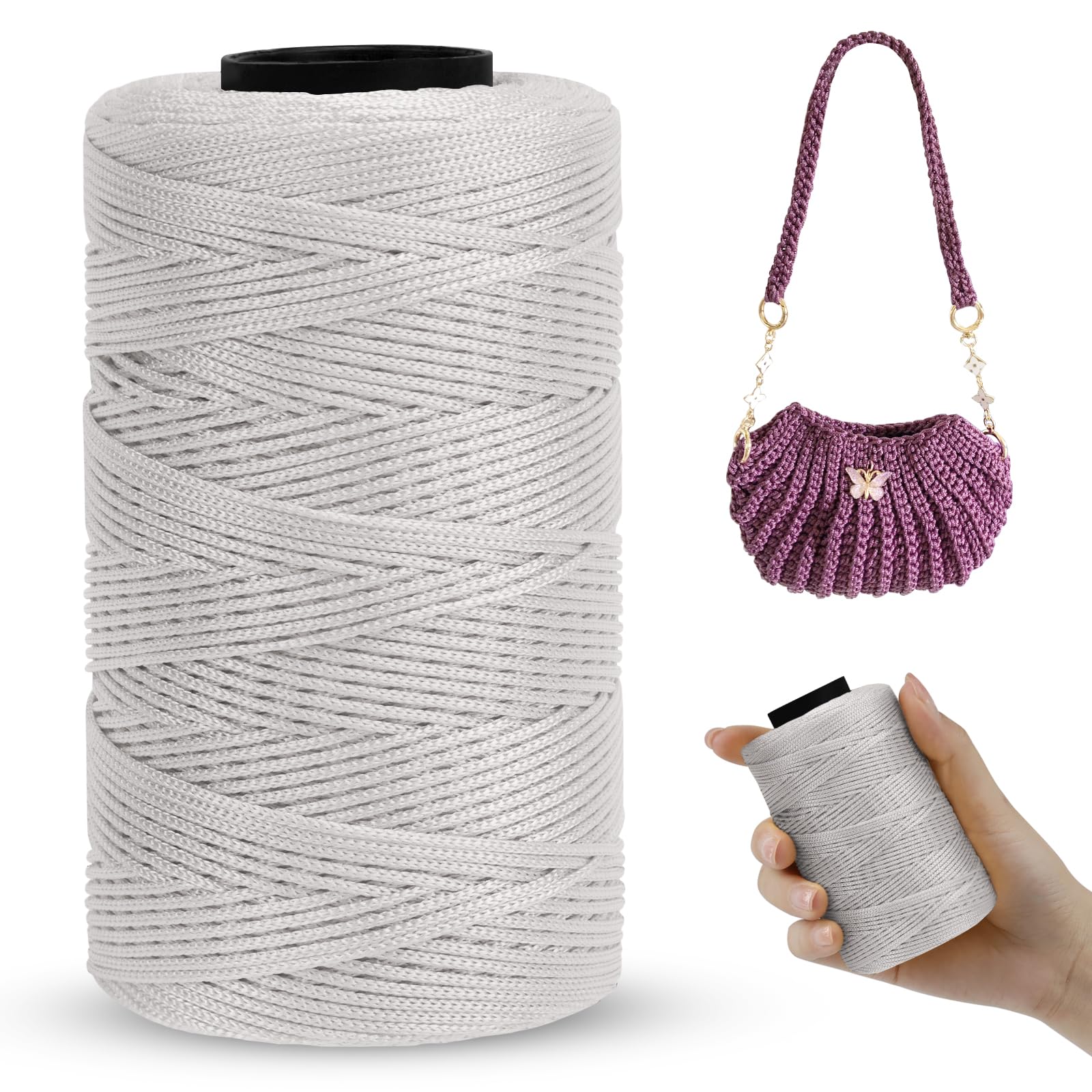 LEREATI Polyester Macrame Cord 1mm x 230m, Polyester Yarn for Crocheting, Braided Polypropylene Crochet Bag Cord Macrame Yarn for Handbag, Beading, DIY Crafts (Light Gray)