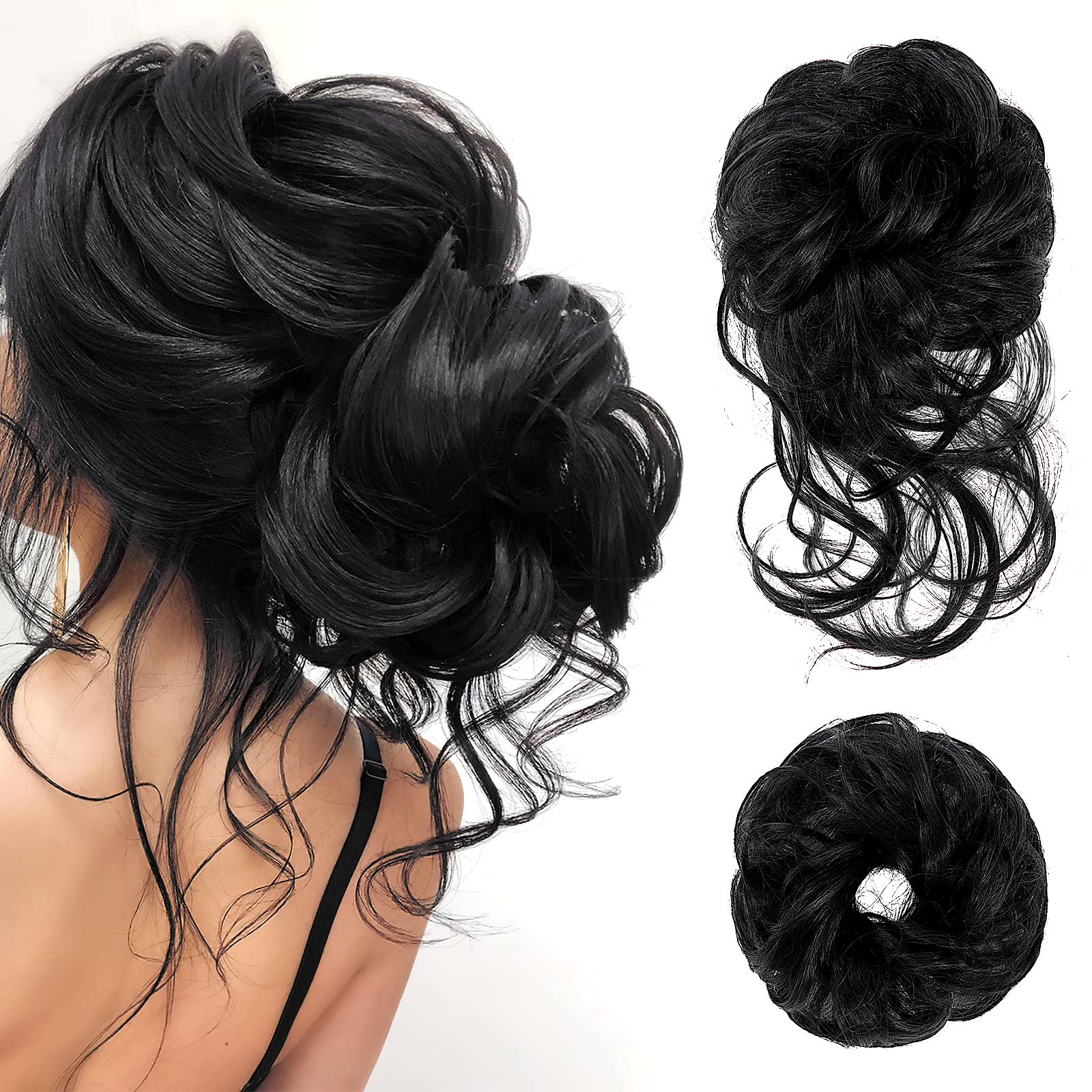 Pwsap Hair Bun Extensions,Hairpiece Hair Rubber Scrunchies Curly Messy Bun Wavy Wrap Ponytail Chignons Bridal Hairstyle Voluminous Wavy Messy Bun Updo Hair Pieces w/ Hair Rope & Hairpin,Black