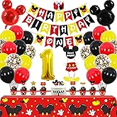 1st Mouse Birthday Party Supplies Decorations 58Pcs Happy Birthday ONE Banner Tablecloth 1 Foil Balloon Hat Door Sign Cupcake Topper Video Game Party Decorations for Boys Girls Kids Babies
