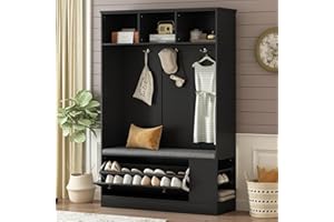 Amposei 71.3-Inch Tall Hall Tree 3-in-1 Modern Entryway Coat Rack Storage Bench with Shoe Storage & Seat Cushion for Hallway Entrance Furniture (Black)