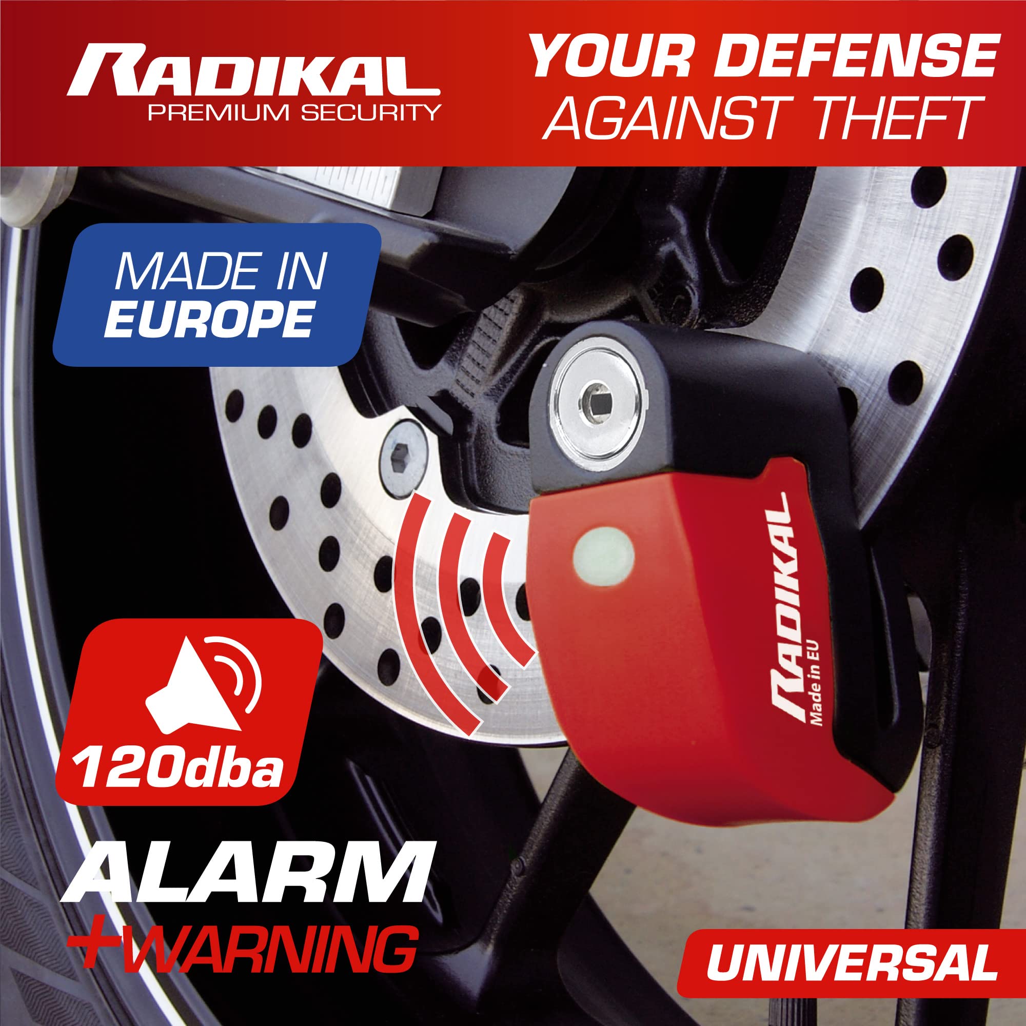 RADIKAL RK6 Disc Lock Alarm, Hi-End 120db Alarm, ON/Off Button, Warning LED, Waterproof Metal, Lithium Battery, Universal Anti Theft Wheel Brake Lock for Motorcycle, Scooter, Bike, Electric Scooter