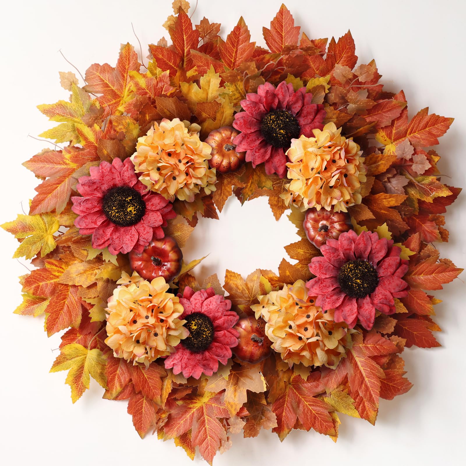Photo 1 of 28'' Large Fall Wreath for Front Door, Porch, Window- Artificial Maple Leaves Faux Sunflower Hydrangea Pumpkins Outdoor Autumn Wreath for Home, Farmhouse Wall Thanksgiving Day Harvest Festival Decor