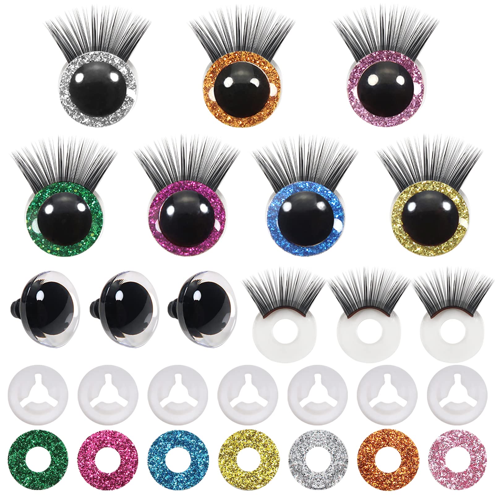 TOAOB 28pcs 25mm Safety Eyes Plastic Glitter Safety Eyes with Black Eyelashes and Washers for Amigurumis Craft Crochet Eyes for DIY Puppet Bear Stuffed Animal Doll Making