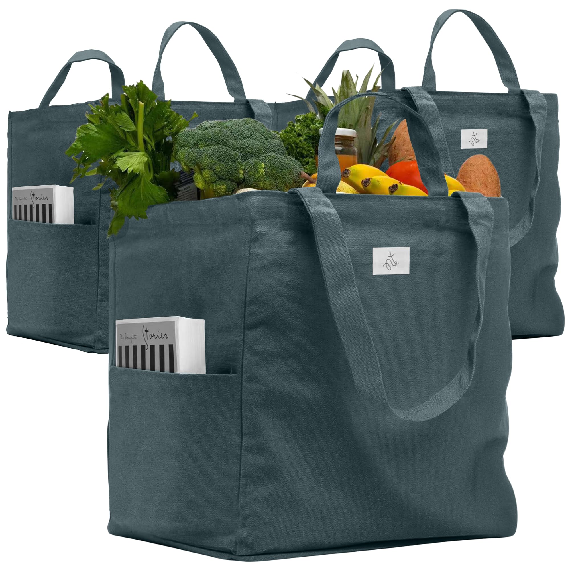 Photo 1 of Nook Theory 3 Pcs Reusable Grocery Bags - Heavy Duty Canvas Bags, Large Reusable Shopping Bag, Picnic, 100% Cotton (Ocean)
