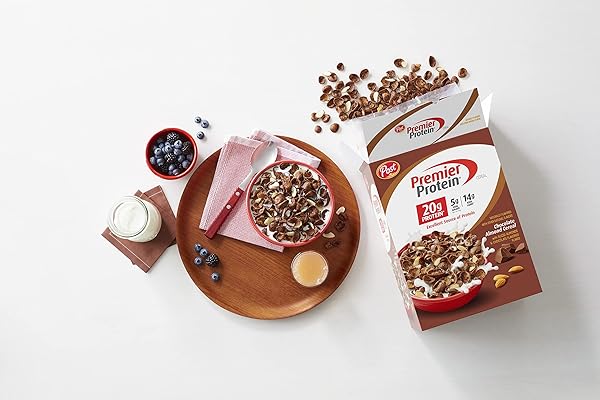 POST PREMIER PROTEIN CHOCOLATE ALMOND CEREAL, CHOCOLATEY PROTEIN CEREAL FLAKES WITH SLICED ALMONDS, CONTAINS 20G OF PROTEIN PER SERVING, 30 OZ BOX