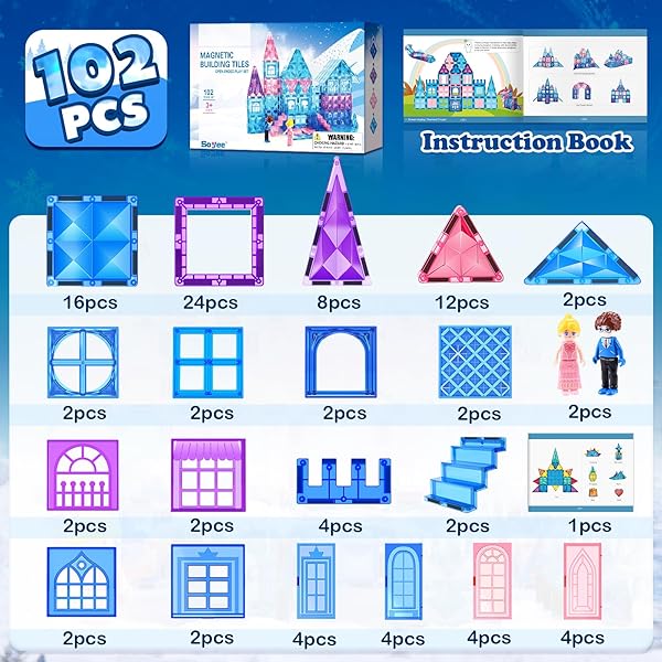 MAGNETIC TILES 102PCS WITH 2 STAIRS 2 DOLLS PRINCESS CASTLE BUILDING GIRLS TOYS AGE 4-5 6-8 MAGNETIC BLOCKS BIRTHDAY XMAS GIFTS FOR GIRLS TOYS FOR 3 4 5 6 7 8+ YEAR OLD