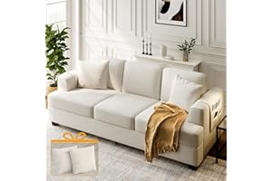 KKL 89" Deep Seat Sofa, 3 Seater Cloud Sofa, 2 Throw Pillows, Couches for Living Room, White Sofa, Comfy Sofa with Storage Bags, Sleeper Sofa, Chenille, Beige