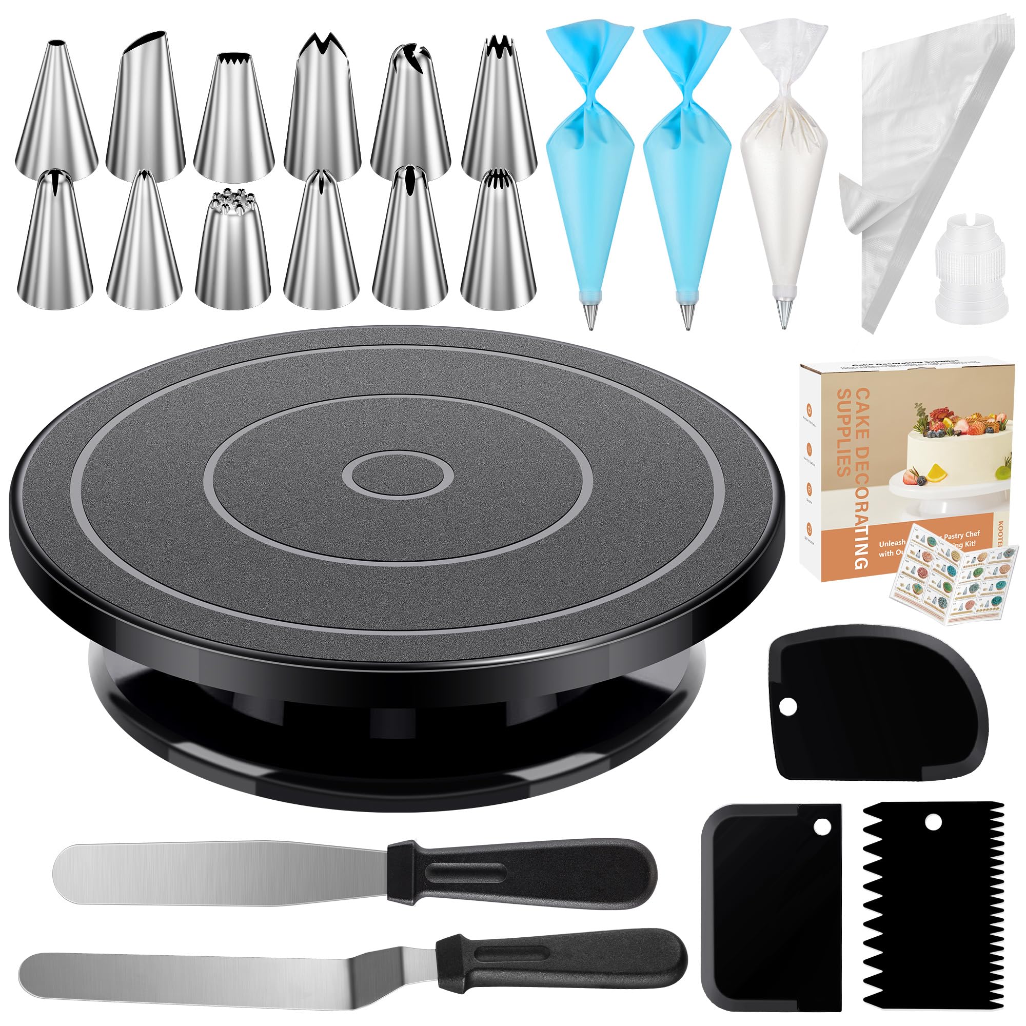 Photo 1 of Kootek 71PCs Cake Decorating Kit, Baking Supplies Tools - Includes Cake Stand Turntable, 12 Icing Piping Tips Set, 2 Frosting Spatulas, 3 Scrapers, 50+2 Piping Bags, Coupler, Video Tutorial, Booklet