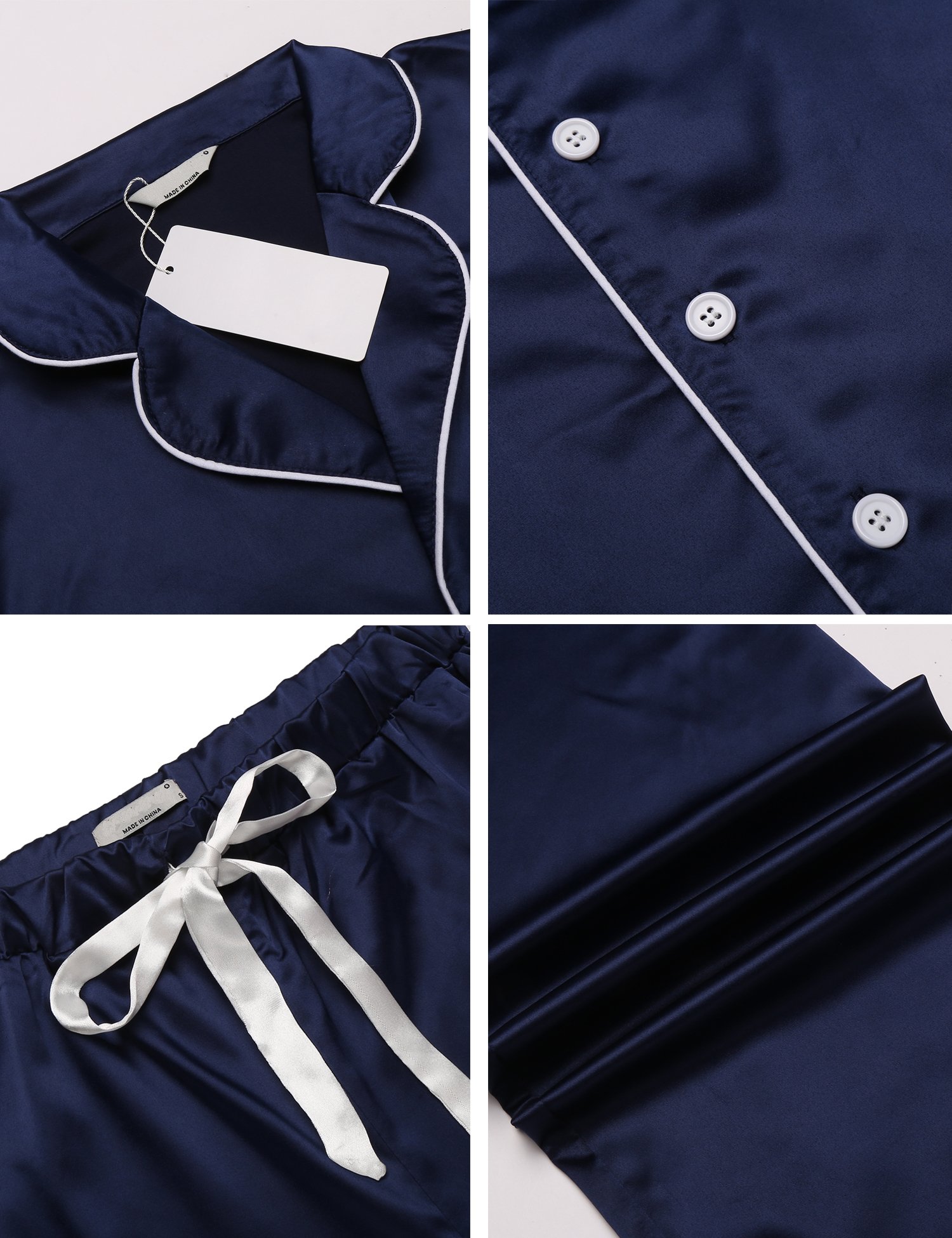 Womens Long Sleeve Sleepwear Satin Pajama Set V Neck Top Elastic Waist Long Pants Button-Down Loungewear