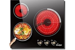 Cooksir Electric Cooktop 24 Inch - 3 Burner Built-in Electric Stove Top 5700W, Radiant Electric Stovetop with 9 Heating Level, Knob Control, Over-Temperature Protection, 220-240V Hard Wired (No Plug)