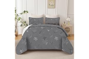 Drucon Grey Quilt King Size - 3 Pieces Branch Botanical Quilt Reversible Microfiber Bedspreads with Floral Pattern Lightweight Bedding Set with 2 Pillow Cases