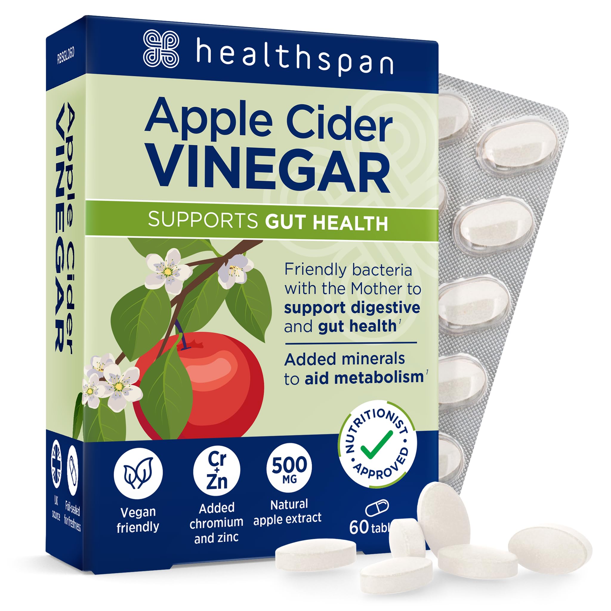 Healthspan Apple Cider Vinegar 500mg | Friendly Bacteria | Metabolism Support | Added Zinc & Chromium | Vegan (60 Tablets)