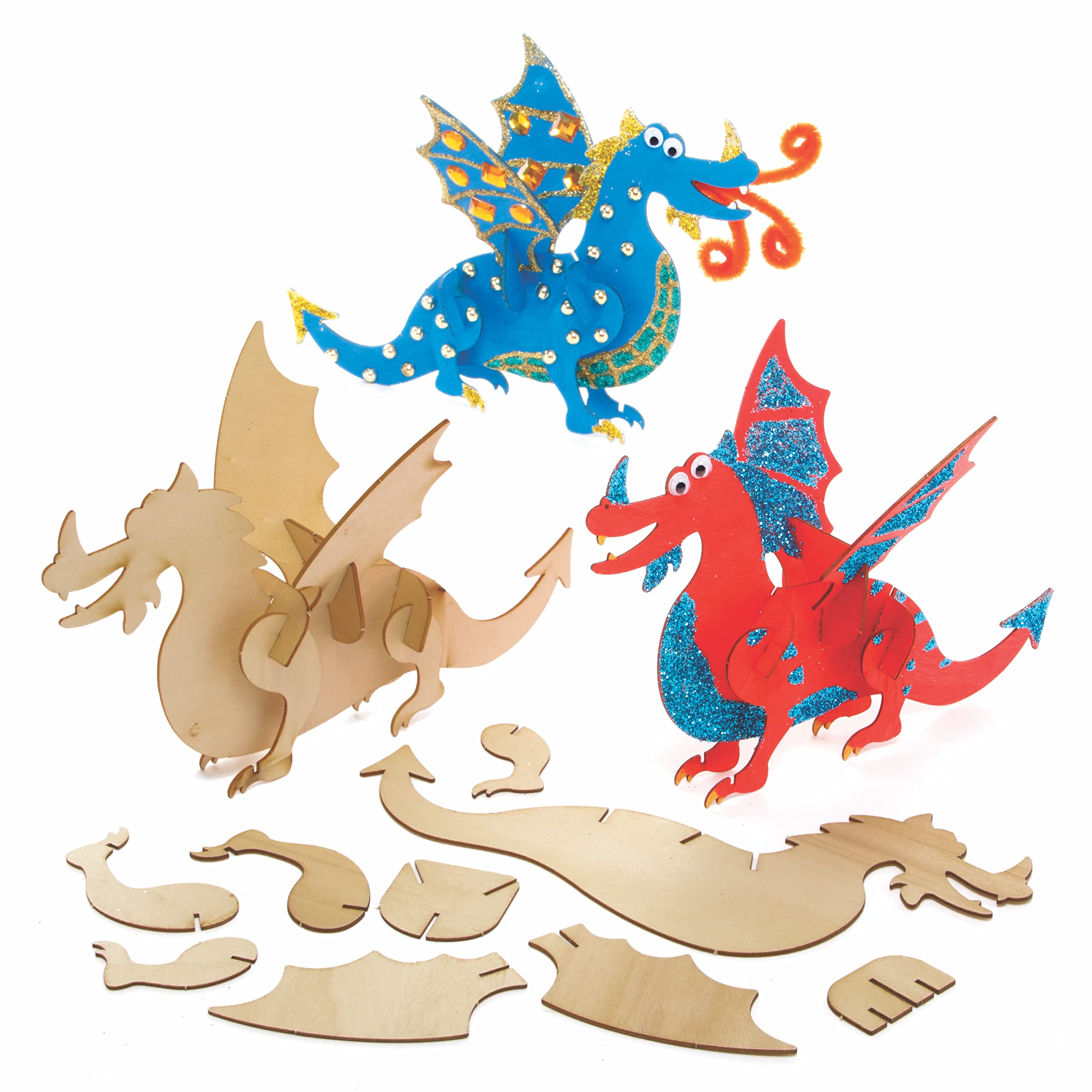 Baker Ross Dragon Woodcraft Kits - Pack of 3, Paint Your Own Dragon Craft Kit, Crafts for Kids (AX842)