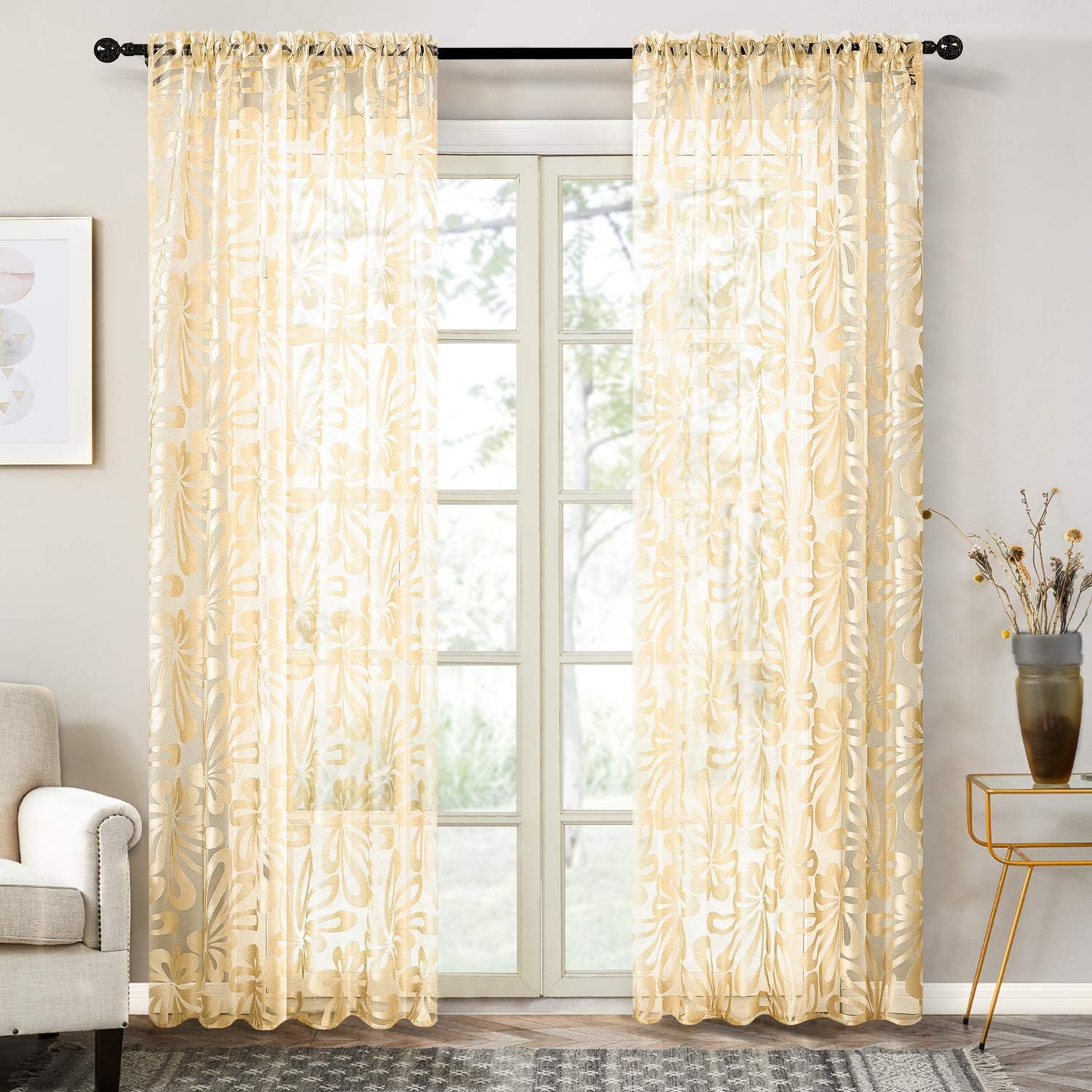 YOKISTG Voile Floral Sheer Curtains 90 Inches Long Rod