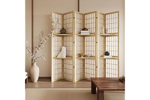 SVIMI 5.6FT Room Divider and Folding Portable Partition Screen, Chinese Japanese Shoji Style with Three Display Shelves for Room Separation - 6 Panel (Natural)
