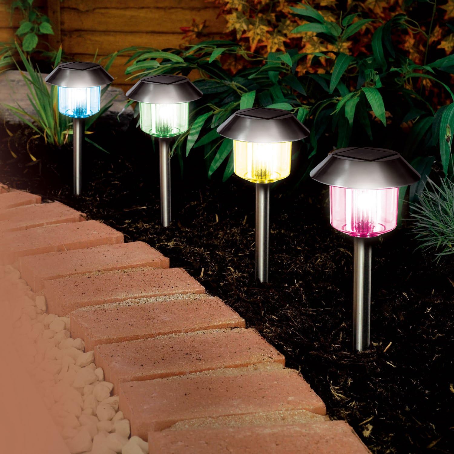 Solalite® 4 Pack Colour Changing Stainless Steel Solar Powered Garden Lights Lanterns