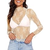 XZQTIVE Womens Mesh Long Sleeve Top See Through Mock Neck Party Club Night Floral Lace Layering Tops Blouse