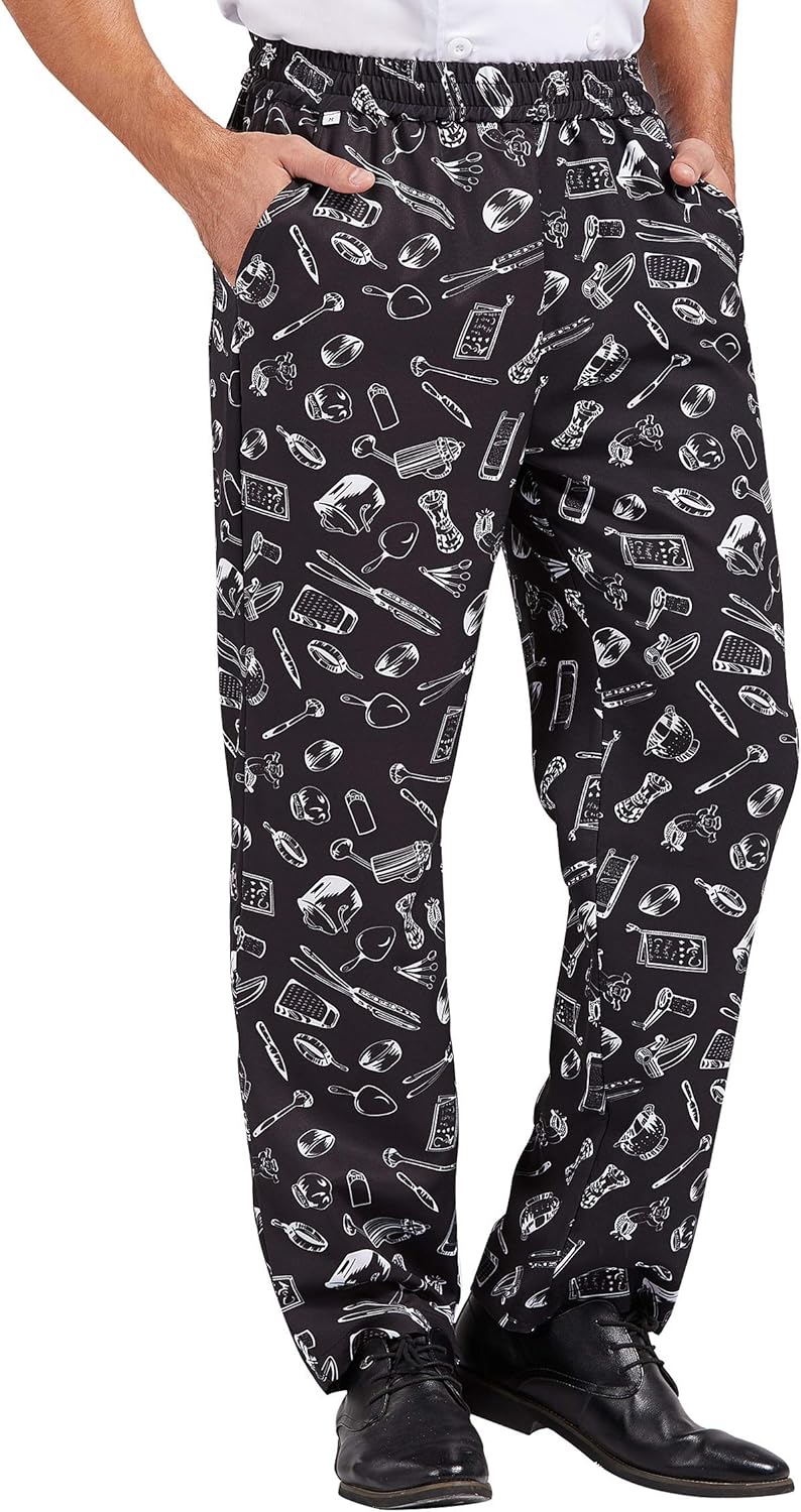 Nanxson Men's Baggy Chef Pants, Printed Work Pants with Elastic Waist Restaurant Kitchen Uniforms CFM2013