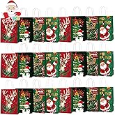 TEMOGU 24 PCS Christmas Gift Bags With Handles, 4 Designs Xmas Kraft Paper Bags Goody Bag Gift Box Packaging for Holiday Party Favors
