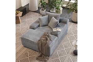 RIBILAKE Cozy Oversized Chaise Lounge Chair Indoor with 3 Pillows, 47 Inch Fluffy Comfy Big Cloud Couch, Plush Corduroy Sleeper Sofa Bed for Living Room, Bedroom, Apartment, Light Gray