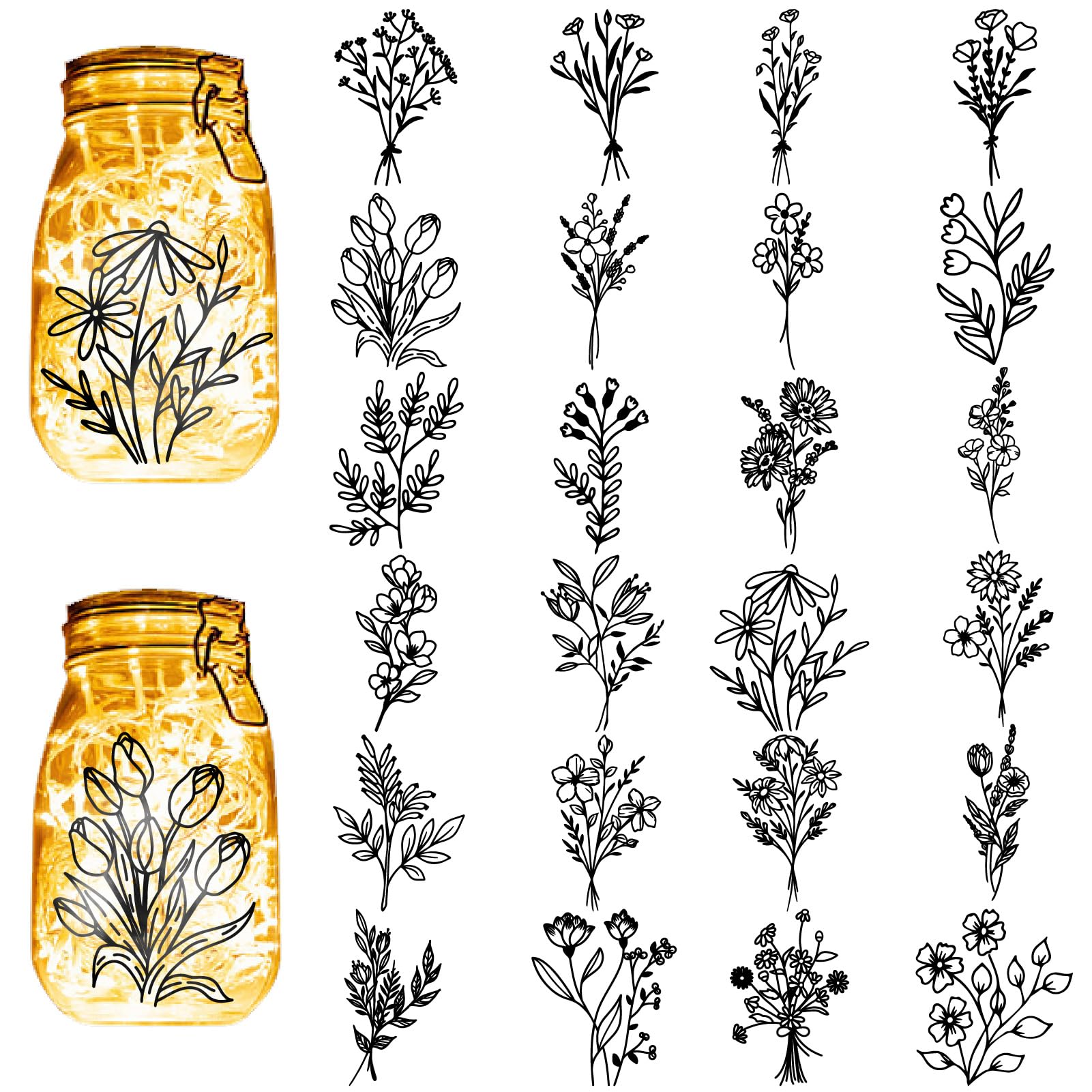 CREATCABIN 24Pcs Flowers Silhouettes Mason Jar Decor Plants Laser Cut Cardboard Scrapbook Cutouts Die Cuts PVC for Crafting Lantern Jars Wall Painting Windows Glass Phones 3.9x3.5Inch-No Sticker