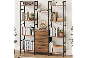 AFLUI Triple Bookshelf with 3 Drawers, Wide 4-Tier Book Shelf and 10 Display Shelves, Industrial Large Bookcase for Home & Of