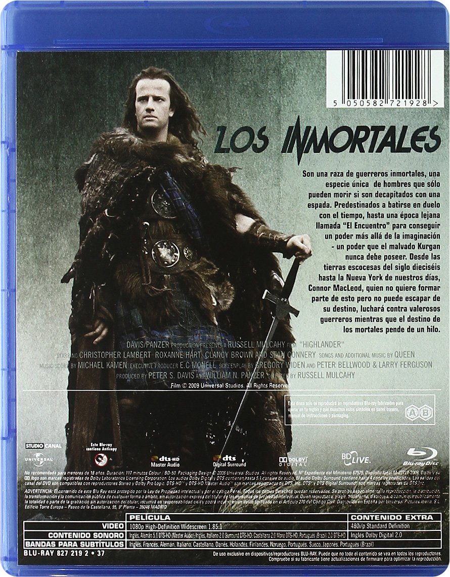 Los Inmortales Blu Ray Amazon Es Christopher Lambert Roxanne Hart Clancy Brown Sean Connery Beatie Edney Alan North Jon Polito Sheila Gish Hugh Quarshie Russell Mulcahy Christopher Lambert Roxanne Hart Cine Y Series Tv