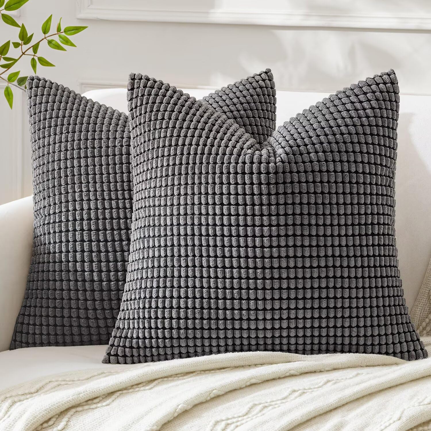 MIULEE Cushion Covers 65 x 65 cm Decorative Corduroy Grey Cushions Throw Pillow Square 26 x 26 Inches Striped Solid for Sofa Couch Home Bedroom Set of 2