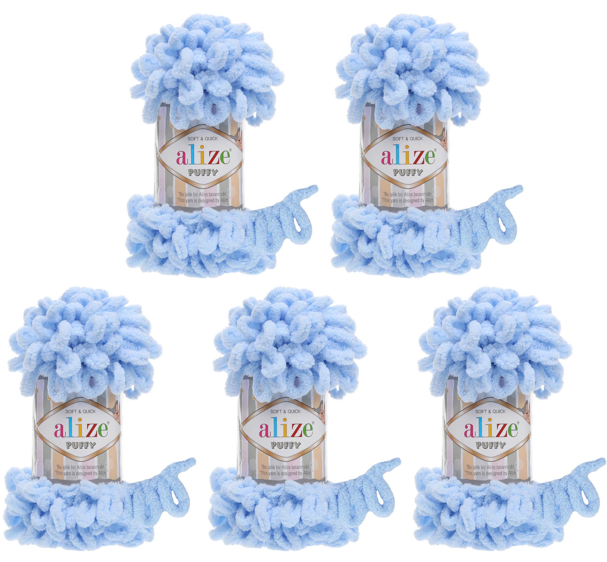 Alize Puffy 5 x 100 g wool, 500 g of yarn for finger knitting, extra bulky wool with loops for knitting without using needles Hellblau 183 — image 1