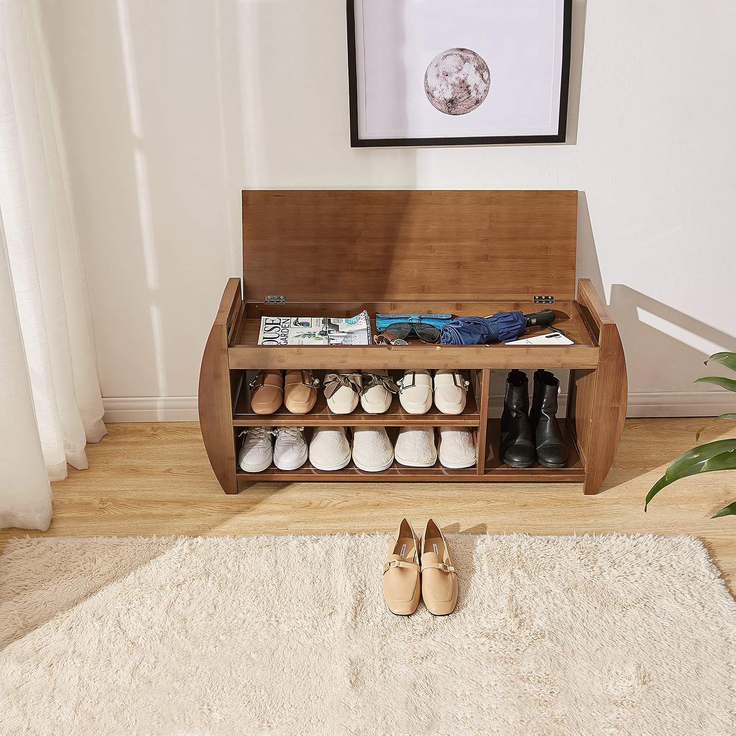 Bamboo Shoe Rack & Shoe Bench, Entryway Storage Organizer, Multi Function for Hallway Bathroom Living Room Corridor and Garden, Detachable Cushion with Hidden Storage Compartment: Kitchen & Dining
