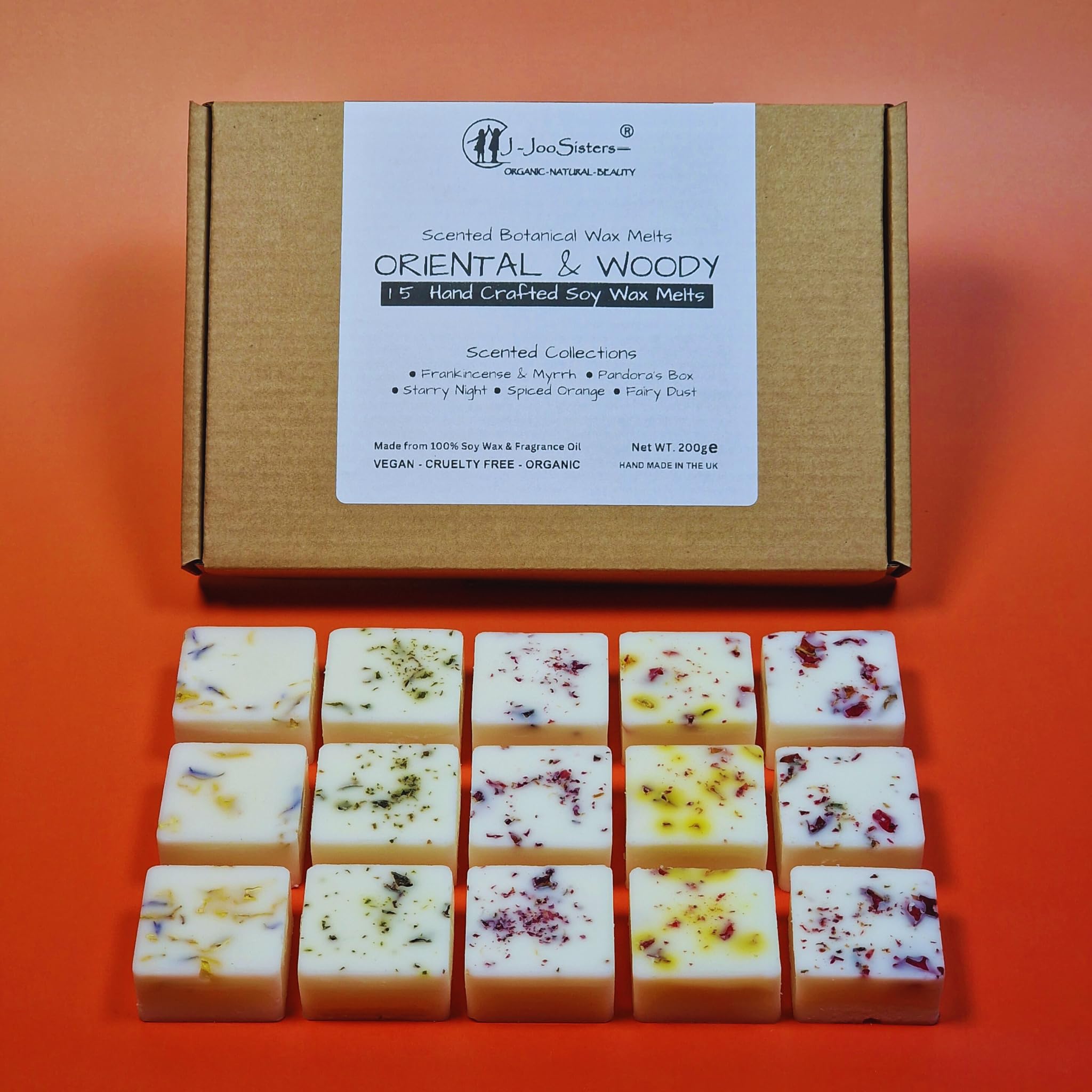 Oriental & Woody - Highly Scented Botanical Wax Melts Collections (15 x 13.5g Hand Crafted) - Vegan Friendly & Cruelty Free - Plastic Free - Provide 8 to 10hrs scents/cube - Made in the UK