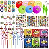 122 Pcs Hero Themed Party Favor Supplies Kit Includes Drinking Straws Badge Keychains Slap Bracelets Balloons Stickers and Gift Bags Hero Themed Party Favors Birthday Decorations