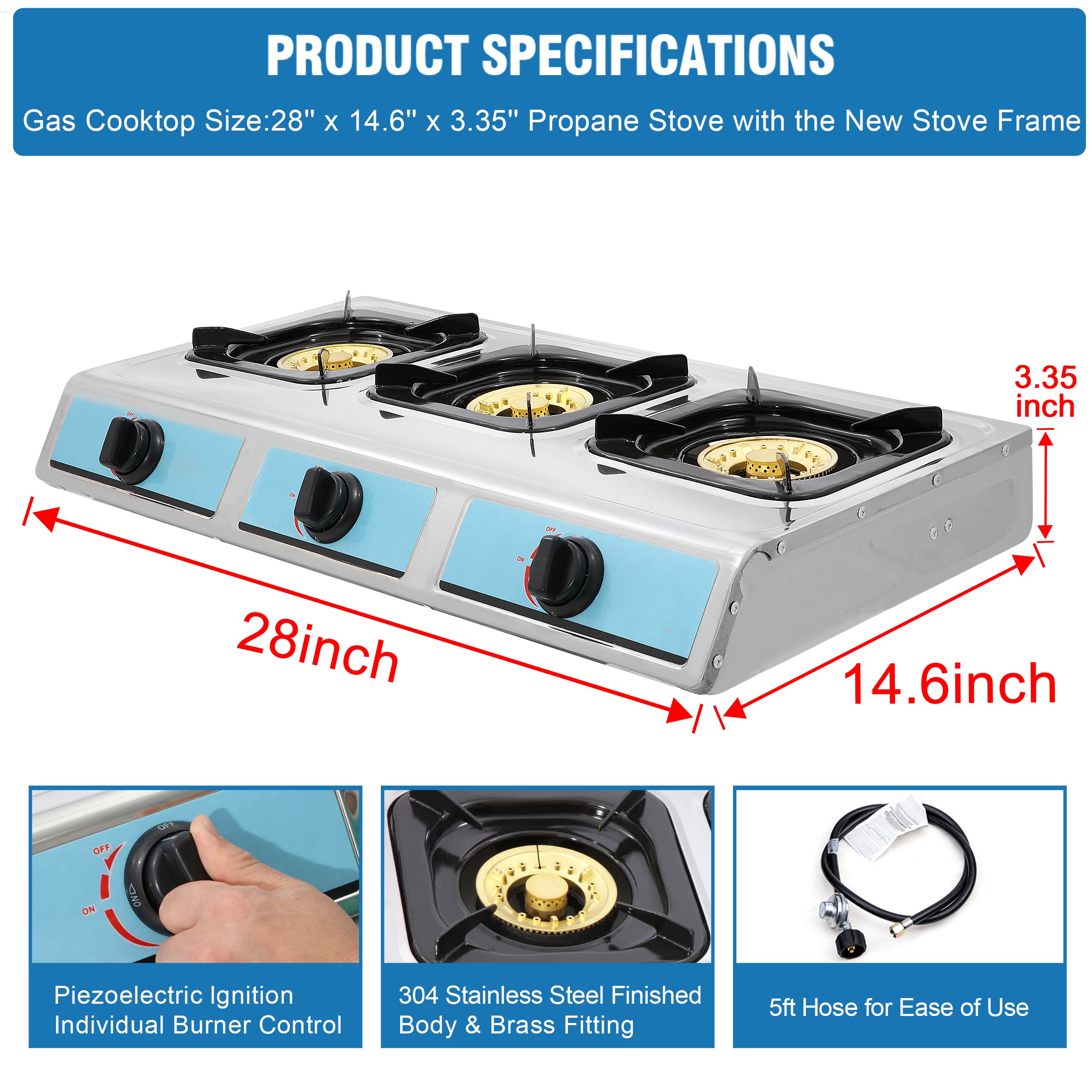 Stainless Steel 3 Burner Propane Gas Stove - Auto Ignition, Portable LPG for RV, Apartment, Outdoor