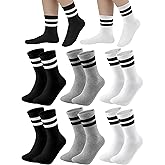 Cooraby 6 Pairs Unisex Kids Crew Socks Boys Girls Athletic Socks with Retro Stripes Soft Cotton Socks Black White Grey