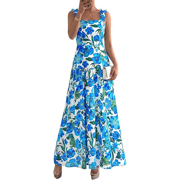 BTFBM Women Summer One Shoulder Floral Wedding Guest Dresses Sleeveless  Smocked Ruffle Flowy Beach Vacation Maxi Dress(Big Floral Red White, Small)  at Amazon Women's Clothing store