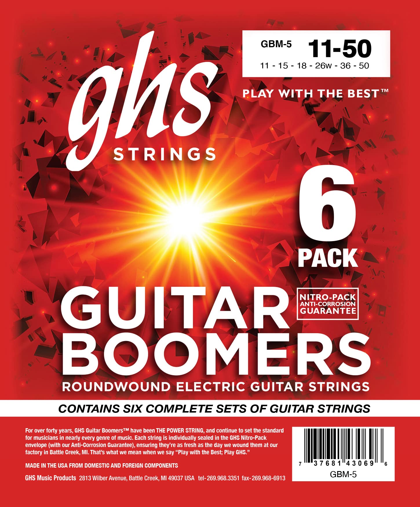 GHS GBM-5 11 - 50 Medium Boomers Guitar String Set (Pack of 6)