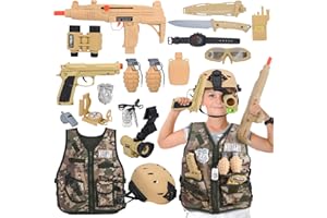 CAPTAIN CHAOWING 17 PCS Kids Army Costume, Military Soldier Dress up Role Play, Combat Marines for Halloween with Camouflage Vest, Helmet and Accessories for Kids Boys 3+