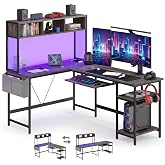DUMOS 67" L Shaped Gaming Desk, Reversible Computer Desks with LED Lighting, Corner Desk for Compact Spaces with Keyboard Tray &amp; Storage Shelf, Metal Frame PC Gaming Table for Home Office, Gray