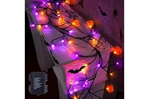 RJZZ 6FT 54LED Halloween Garland with Lights Orange and Purple Halloween Lights with Timer 8 Modes Waterproof Indoor Battery Operated Garland for Mantle, Wall, Fireplace