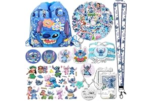 EMISOO Stitch Merchandise Stuff Gift Set for Girls, Stitch Anime Cartoon Drawstring Bag, Keychain Lanyard, Badge Card Holder, Bracelets, Necklace, Stickers, Button Pins, Temporary Tattoos