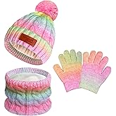 Borwada Toddler Kids Winter Hat Gloves Scarf Set for 3-8 Years, Warm Knit Boys Girls Hats Fleece Pompoms Beanies Neck Warmer
