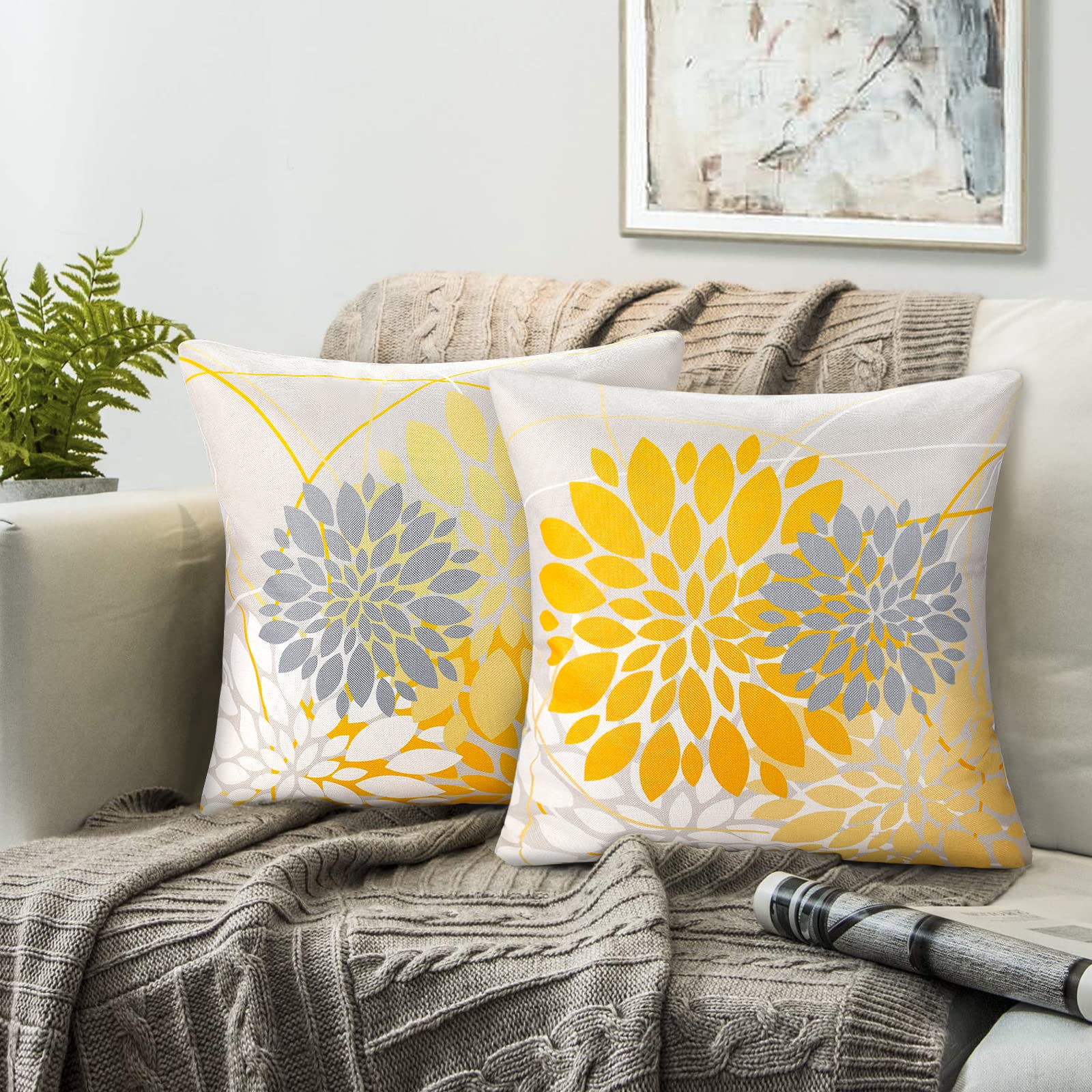 RYBornament Set of 2 Pillow Case Yellow Cushion Cover Sofa Throws Covers Double-sided Geometric Floral Pattern Cushion Covers 45 X 45 Bright Linen Pillow Covers For Home Office Car Cushions Decor
