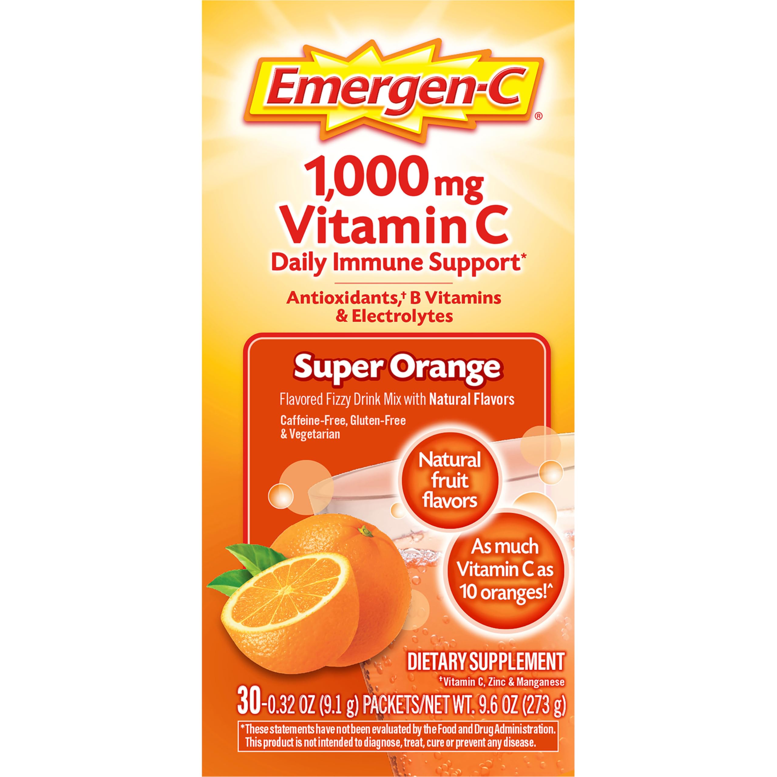 Emergen-C 1000mg Vitamin C Powder for Daily Immune Support Caffeine Free Vitamin C Supplements with Zinc and Manganese, B Vitamins and Electrolytes, Super Orange Flavor - 30 Count